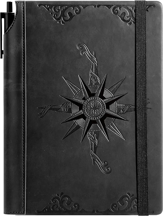 CAGIE Compass Leather Journal for Men Women, A5 Lined Notebook Writing Gift | 288 Pages 100 GSM Acid-free Paper, Bleed-free, Pen holder, Lay Flat, For Daily Writing, Office, Gifting