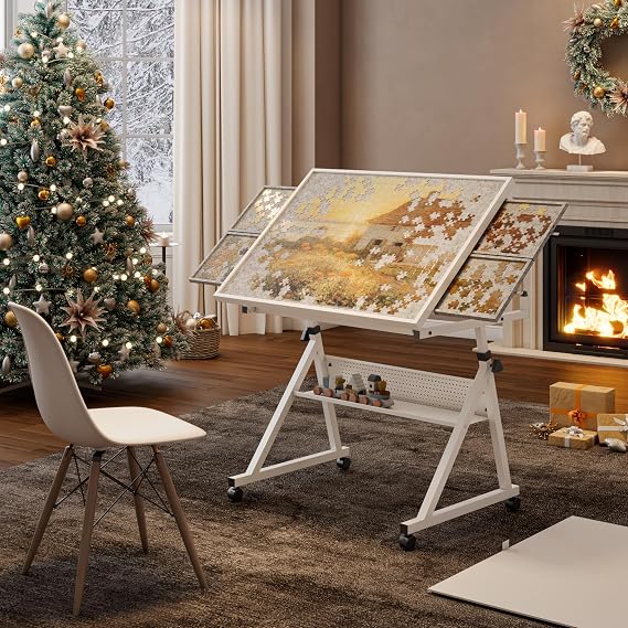 1500 Piece Puzzle Table with Drawers, Jigsaw Puzzle Table with Wheels, 35.4" x 25.98" Adjustable Puzzle Tables for Adults Tilting-Angle Portable Jigsaw Puzzle Board with Legs for Adults,White