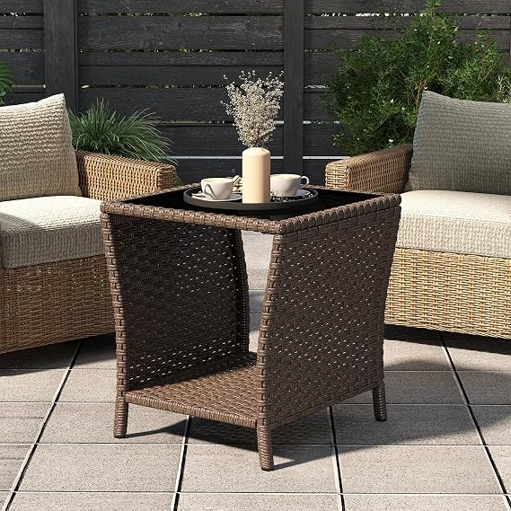 Kinsuite PE Rattan Patio Side Table - Outdoor Wicker End Table with Black Glass Top, Rattan Coffe Table in Iron Frame for Backyard Balcony Poolside, Dark Brown