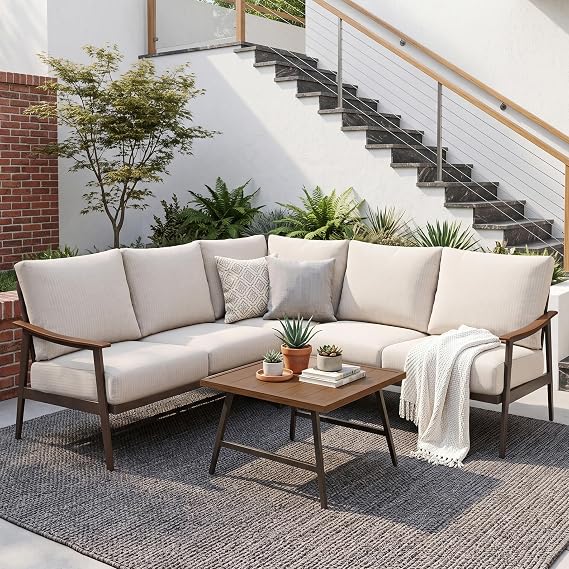 6 Pieces L-Shape Outdoor Furniture Set, Patio Sectional Sofa, Woodgrain Arm