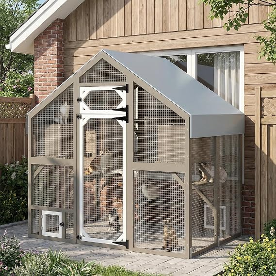 71" H Catio Outdoor Cat Enclosure Weatherproof, Large Walk-in Cat House Attached Window for Multiple Cats, Waterproof Cat Cage Kitty Enclosure Outside with 2 Condos, 6 Platforms