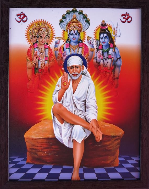 SANVIKA Sai Baba Photo Frame Wall Decor | Shirdi Sai Baba Poster Art Frame for Pooja Room, Home Office, Living Room | Hindu Religious Wall Art | 12" x 9" (Sai Baba Sitting on Throne with Colorful Garland)