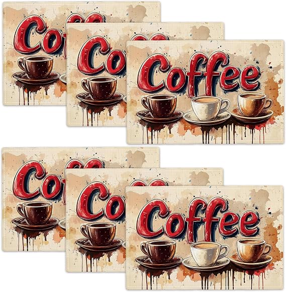 Coffee Placemats Set of 6 Cafe Table Mats Washable Place Mats for Home Party Indoor Kitchen Dining Table Decoration 12x18 Inch