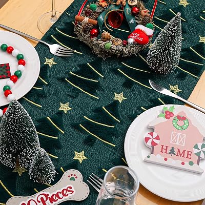BINBE Christmas Tbale Runner 13x72 Inch Faux Fur Jacquard Soft Plush Cute Table Runner for Kitchen Dining Table Decoration Home Party Decor Green