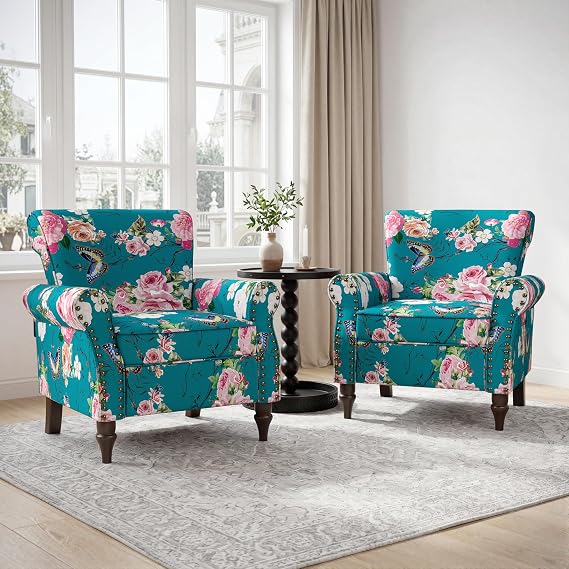 Floral Wingback Accent Chairs Set of 2, Living Room Chair, Pattern Blue