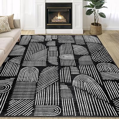MUJOO 5x7 Washable Area Rug,Mid Century Modern Abstract Non Slip Low Pile Rug,Black and White Rug for Living Room Bedroom Dining Room
