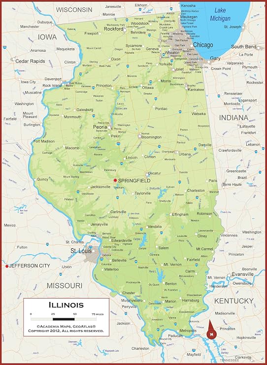26 x 36 Illinois State Wall Map Poster with Topography - Classroom Style Map with Durable Lamination - Safe for Use with Wet/Dry Erase Marker - Very Popular for Educators and Homeschool!