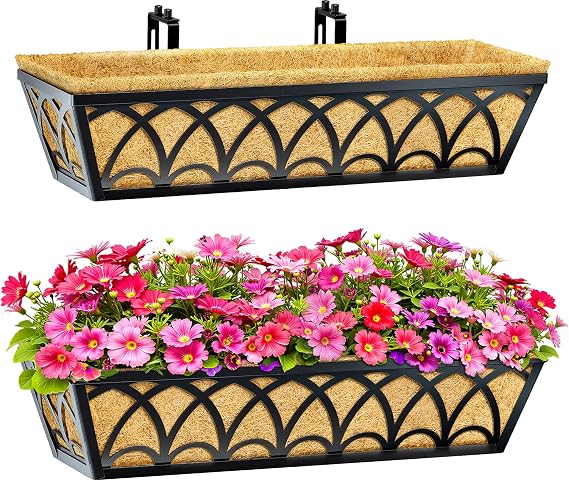 24 Inch Railing Planter Box Window Boxes Planters - 2 Pack Deck Railing Planter Boxes with Adjustable Brackets Coco Liners Balcony Planters Railing Hanging for Window Flower Boxes Outdoor Garden Decor
