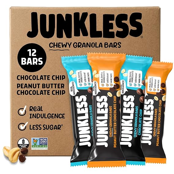 JUNKLESS Peanut Butter & Chocolate Chip Chewy Granola Bars Variety, 12 Bars