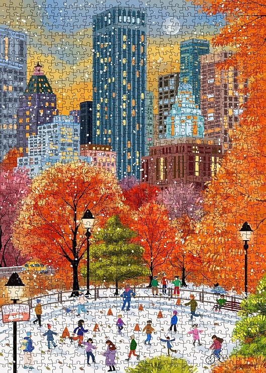 Fall Central Park Puzzles 1000 Pieces for Adults, Fun Fall Winter Snow Jigsaw Puzzle, Autumn Art Puzzle Collage as Home Decor