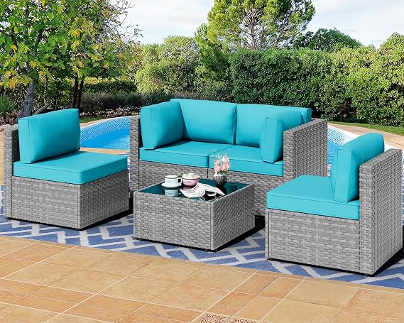 Shintenchi 5 Pieces Outdoor Patio Sectional Sofa, Silver Gray PE Wicker Furniture Conversation Sets with Washable Cushions