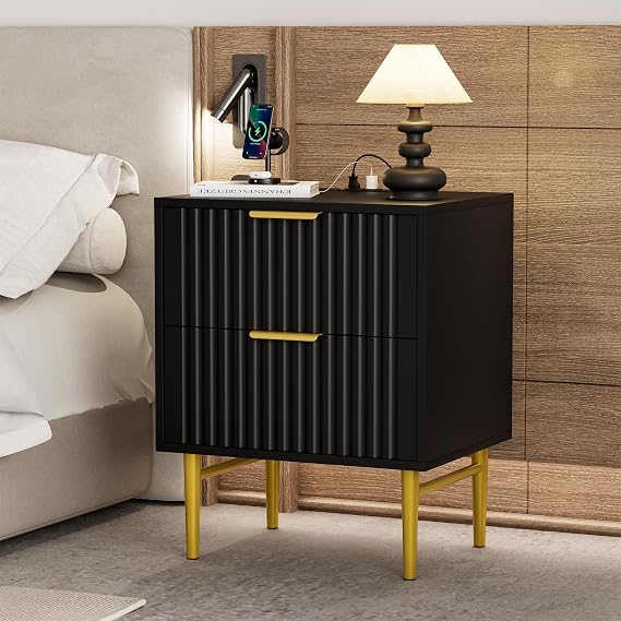 HQZX Black Night Stand with Charging Station