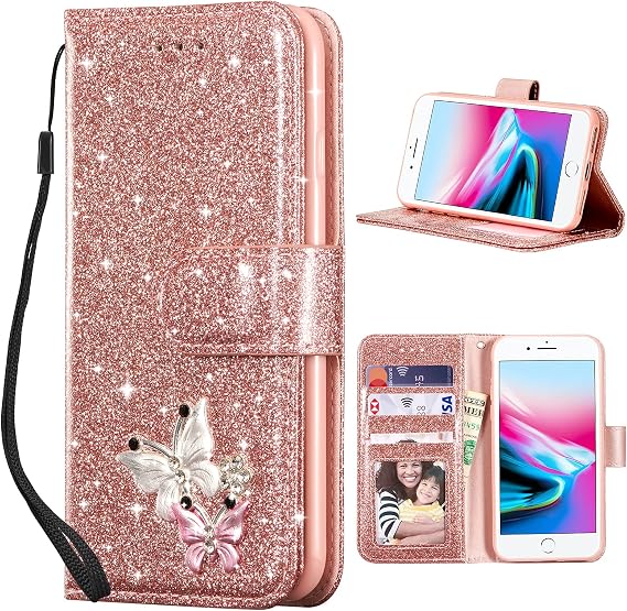 UEEBAI Wallet Case for iPhone 7 Plus/iPhone 8 Plus, Glitter PU Leather Phone Case Card Slots Kickstand Case Magnetic Closure Bling Flip Case Shockproof Hand Strap Flip Cover - Rose Gold
