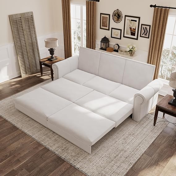 Deolme King Size Pull Out Sofa Bed, Luxury 3 in 1 Convertible Sleeper Sofa with Comfy Velvet Loveseat, Easy Pullout Futon Couch Bed for Living Room, Guest Room, Apartment, RV (Beige, 93.7 Inch)