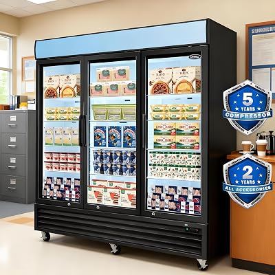 Glass Door Merchandiser Freezer, 70 Cu.ft Swing Door Commercial Reach-In Display Refrigerator with LED Top Panel Upright Freeze Storage, Three Cabinets