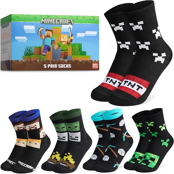 Minecraft Boys Calf Length Socks, Size 614 Yrs, 3 or 5 Pack Soft Cozy Sports School Creeper Socks, Gamer Gifts for Boys (Black/Multi - 5 Pack, 5/7.5 US, 10-13 Years)