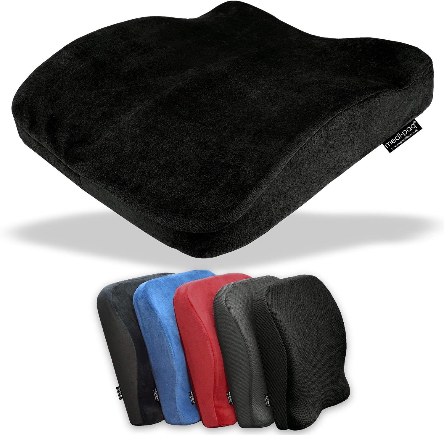 Medipaq Memory Foam Seat Cushion - 1x Memory Foam Cushion to Improve Posture - Seat Cushion for Office Chair - Car Seat Cushions - Wheel Chair Cushions - Black Soft Plush