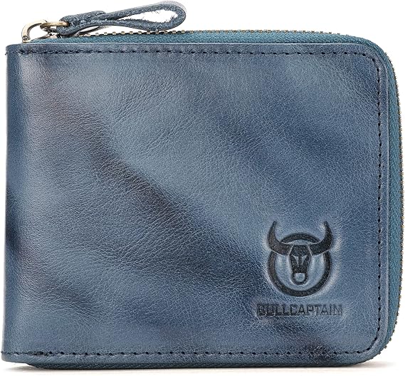BULLCAPTAIN Mens Genuine Leather Zipper Wallet RFID Blocking Bifold Secure Zip Around Wallets Multi Credit Card Holder Purse (Blue)
