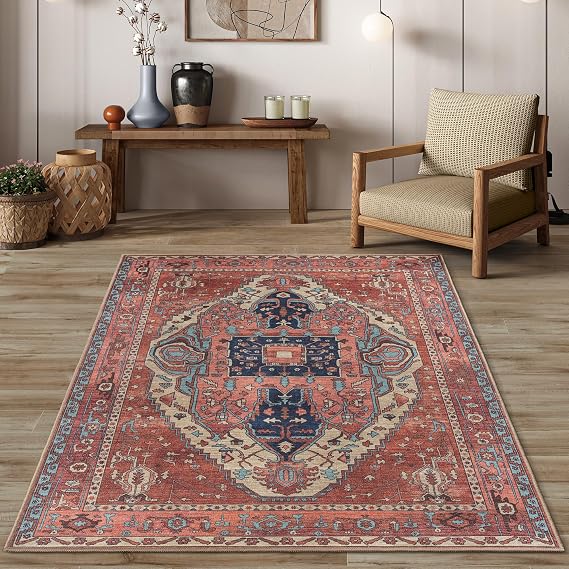 Brick Color Oushak Area Rug 5x7 - Washable Vintage Turkish Rugs for Living Room, Traditional Foldable Low Pile Cover Carpet Pastel Area Rugs, Dining, Bedroom, Nursery, Kids Room, Kitchen