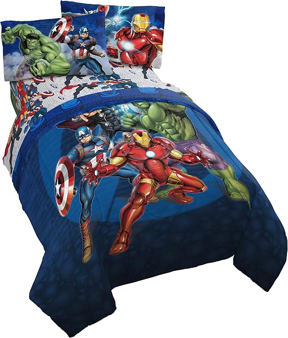 Jay Franco Marvel Avengers Blue Circle 4 Piece Twin Bed Set - Includes Reversible Comforter & Sheet Set - Super Soft Fade Resistant Polyester (Official Marvel Product)