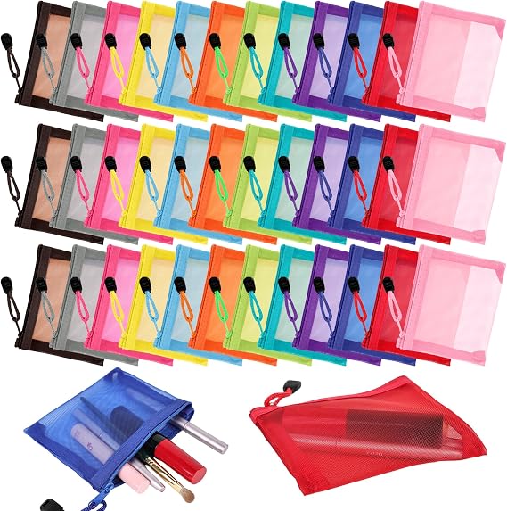 36 Pcs Mini Zipper Mesh Bags Nylon Mesh Cosmetic Bag Small Travel Makeup Zipper Pouch for Women Lipstick Travel School Office