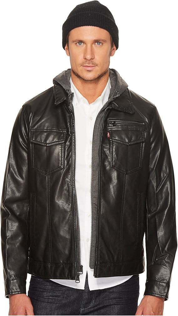 Levi's Faux Leather Trucker with Jersey Hood and Fleece Lining Black XL
