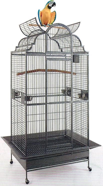 New Large Elegant Wrought Iron Dome Play Top Bird Parrot Cage, Include Metal Seed Guard Solid Metal Feeder Nest Doors 24 W x 22 D x 63 H, Black Vein