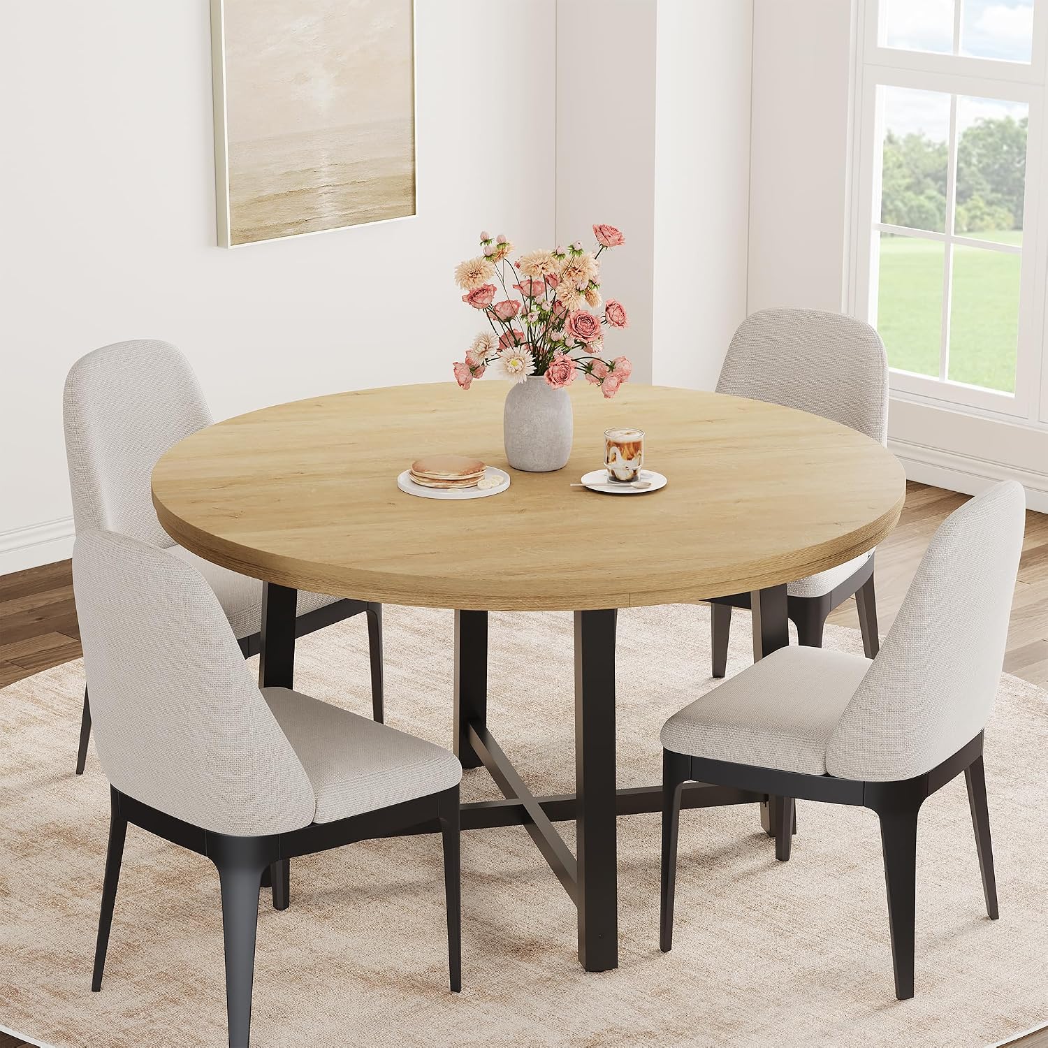 47" Round Dining Table for 4, Kitchen Dining Room Table with Sturdy Metal Frame, Wood Circle Kitchen Table for Space Saving, No Chairs, Nature