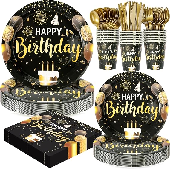 Black and Gold Happy Birthday Party Plates, 168PCS Birthday Party Supplies