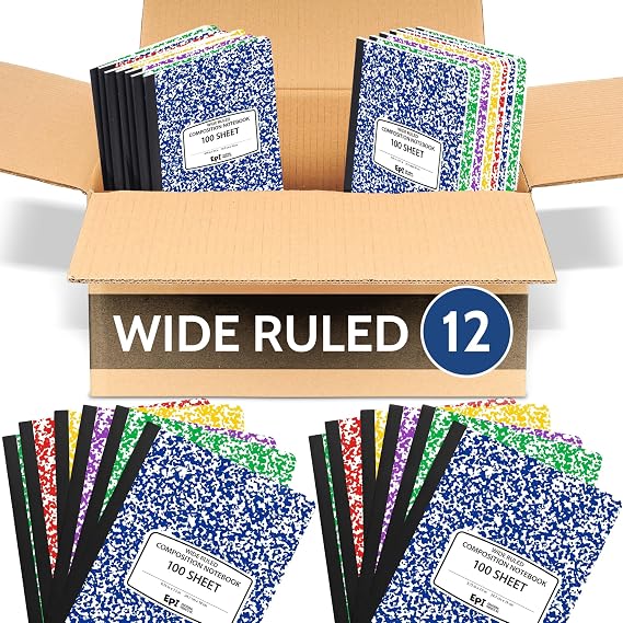 EPI 12 Pack Wide Ruled Marble Composition Notebook - Assorted Colors 200 Page Note Book - 9.75 x 7.5 Inch Hardcover Journal with Sewn Binding for Secure Pages - Classroom Back To School Supplies