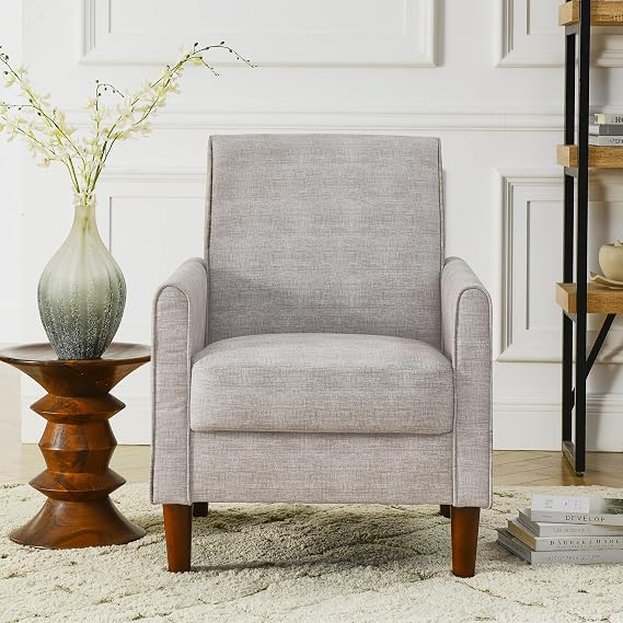 Mid Century Modern Accent Chair,Linen Fabric Accent Living Room Chairs,Upholstered Armchair with Wooden Legs,Comfy Single Sofa Chair for Reading or Lounging for Bedroom Home Office (Light Brown)