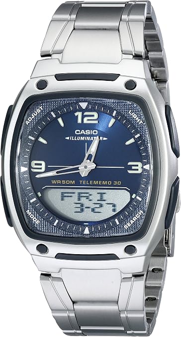 Casio AW81D Series | Watches for Men | Analog Digital Watch | Silver Stainless Steel | 1/100 SEC Stopwatch | Countdown Timer | World Time | LED Light | 50M WR | Multi Alarm | Calendar | 10 Yr Batt