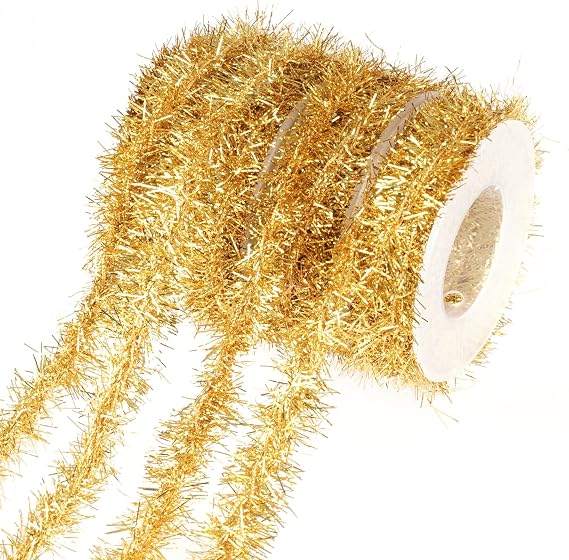 Tongcloud 4 Rolls Christmas Tinsel Ribbon Metallic Garland Tinsel Garland Christmas Metallic Tinsel Ribbon Glitter Tinsel Ribbon for Christmas Birthday Party (Gold, 9.8feetx0.7inches)
