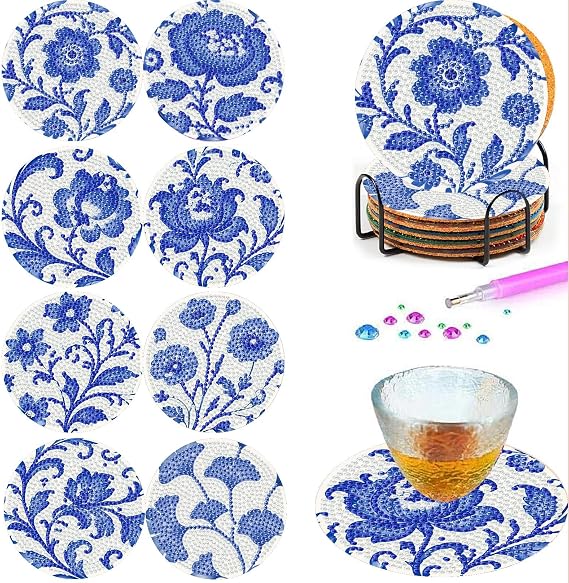 Mrnsiet 8PCS Flowers Diamond Art Coasters Kits with Holder, DIY Blue Flower Diamond Painting Coasters for Adults, Non Slip Mosaic Dot Painting Coaster with Cork Pads for Beginners 4x4 Inch