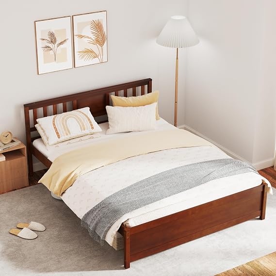 KOMFOTT Queen Wood Platform Bed Frame with Headboard, Solid Wood Platform Bed with Slat Support & Under Bed Storage, Mid-Century Bed Frame Mattress Foundation, No Box Spring Needed, Easy Assembly