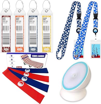 Disney Cruise Essentials 4 Items Luggage Tag Holders, Night Light, Towel Bands & Cruise Lanyards with Retractable Reel