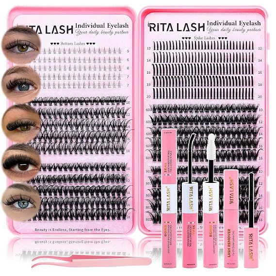 Lash Clusters Kit DIY Lash Extension Kit Cluster Lashes Kit+Bottom Lashes+Spikes Eyelash Extensions with Lash Bond and Seal,Lash Remover,Tweezers RITALASH(30D 50D 60D 80D+Bottom Lashes+Spike Lash Kit)