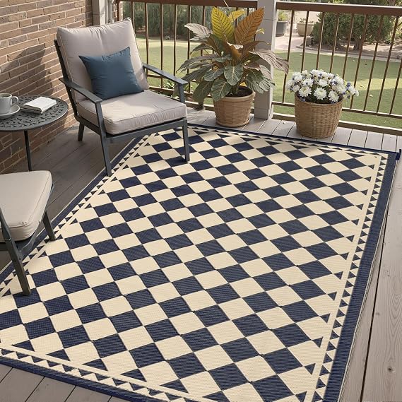 HUGEAR 5x8 Black Beige Checkered Waterproof Outdoor Rug for Patio