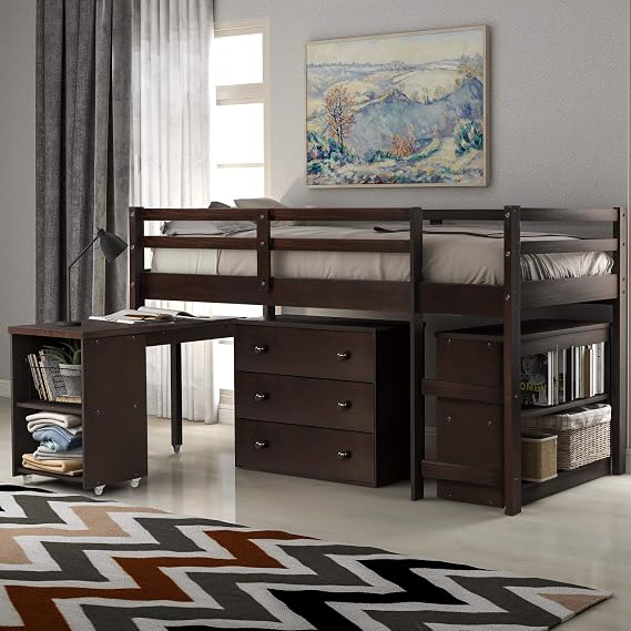GLORHOME Multifunctional Low Loft Bed Twin Size with Cabinet, Rolling Portable Desk and Storage Shelves, Space Saving Furniture for Kids Teens Bedroom