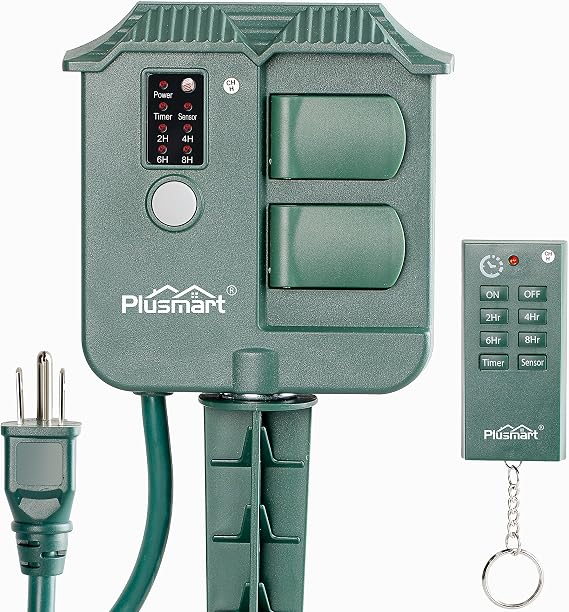 Outdoor Power Stake Timer Weatherproof with Photocell Light Sensor, Wireless Remote Control, 3 Waterproof Outlets with Cover for Yard, Garden, 6ft Cord, UL listed