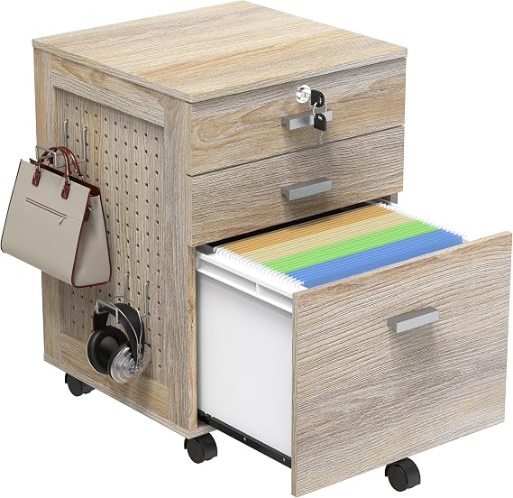 SHW Box File Rolling Mobile Cabinet with Side Pegboard, Maple