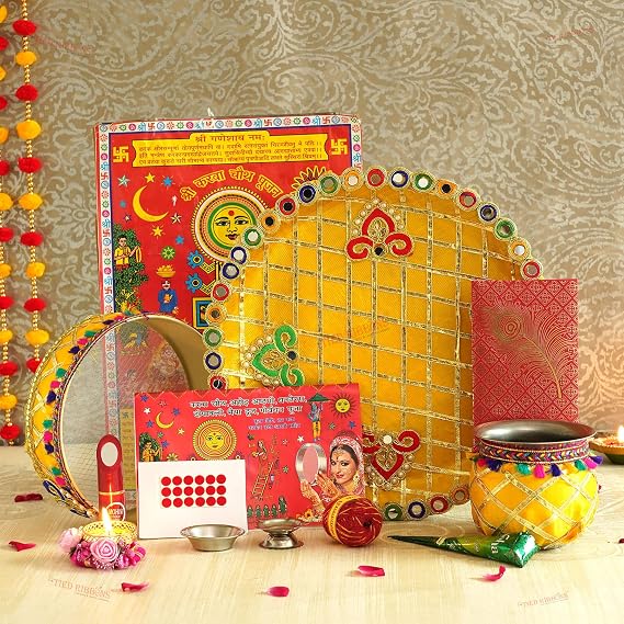 TIED RIBBONS Karwachauth Thali Set Karwa Chauth Pooja Thali Diwali Decorations Festive Gift Items - Karva Chauth Combo Pack (Puja Thali, Channi, Lota and Shagun Envelope with Pooja Accessories)
