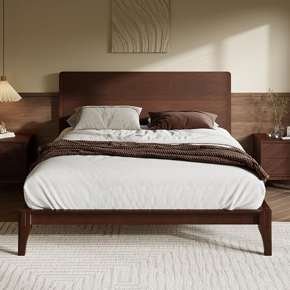 Merax Full Size Bamboo Platform Bed Frame with Tall Headboard, Espresso