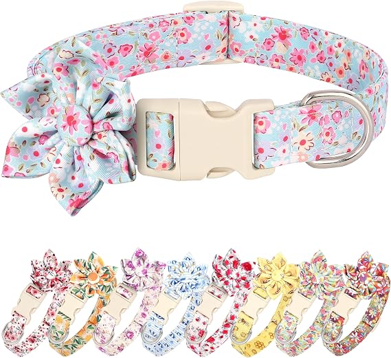 Beirui Cute Spring Dog Collar with Flower, Lightweight Soft Girl Dog Collar for Female Male Dogs, Adjustable Floral Pet Collar for Small Medium Large Dogs(Pink Blue Flower,S:10-16")