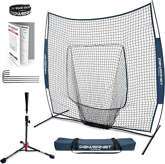 PowerNet Baseball Softball Practice Net 7x7 with Travel Tee | Practice Hitting, Pitching, Batting, Fielding | Portable Backstop (Navy)