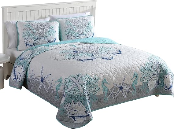 Caribbean Joe Full/Queen Coastal 3-Piece Quilt Set, Beach Delight Aqua