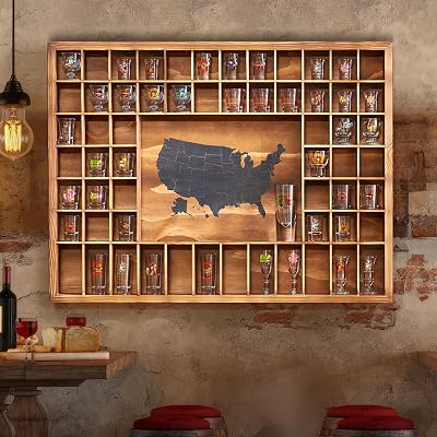 Large US Map Shot Glass Display Case 60 Slots 34 x 26 Rustic Brown Wood Holder for 2 Different Size Shot Glasses Shelf Organizer Wall Mount Storage Shadow Bar Cabinet