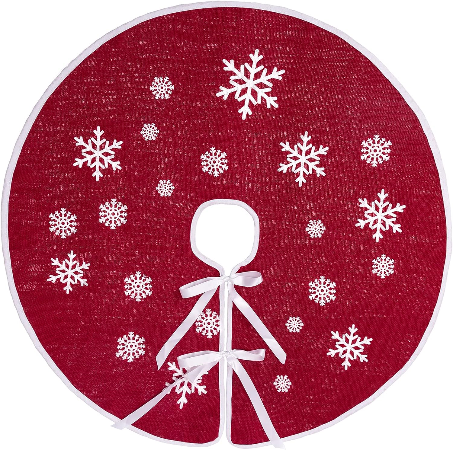 MACTING Christmas Red Tree Skirt, 48 Inch Large Countryside Burlap Tree Skirt with White Snowflakes Printed for Home Holiday Party New Year Xmas Decorations
