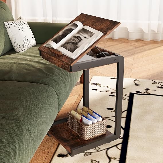 Rolling TV Tray Table with Storage,C Table with Drawer for Couch | Rolling Side Table with Storage,TV Tray Table on wheels with Tiltable Desktop for Couch,Sofa Laptop,Living Room,Bedroom