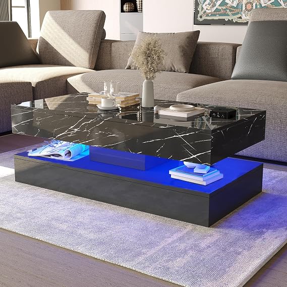 HOMFAMILIA LED Coffee Table with 2 Storage Drawers, Modern High Gloss Black Coffee Table w/20 Colors LED Lights, 2 Tiers Rectangle Center Table for Living Room with Marbling Print, APP Control, Black